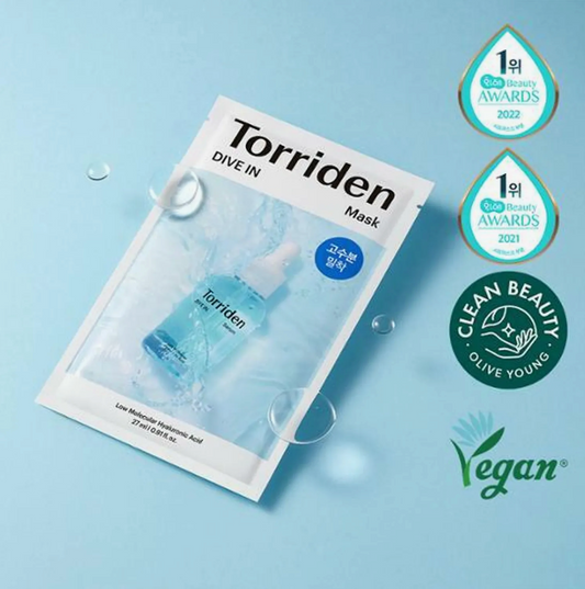 Torriden mask package with awards and certification logos on a light blue background