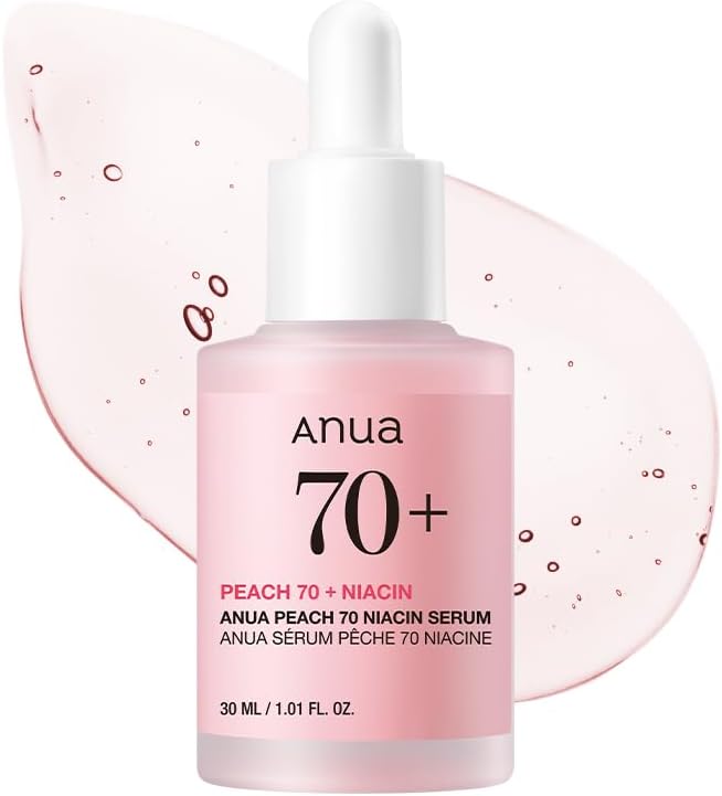 Anua Peach 70+ Niacin serum bottle with dropper on a white background