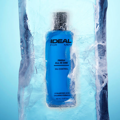 Blue bottle labeled 'IDEAL FOR MEN' on a light blue background
