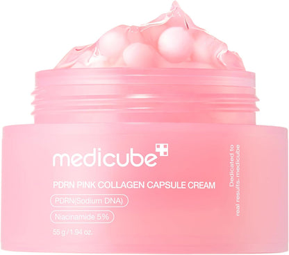 Pink collagen cream jar with Medicube branding on a white background