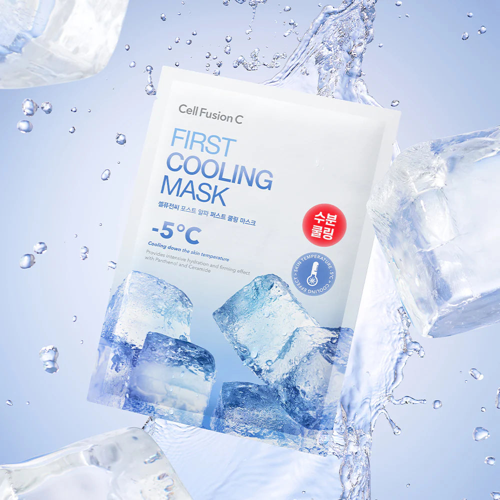 Cell Fusion C First Cooling Mask packaging with ice cubes and water droplets on a light blue background