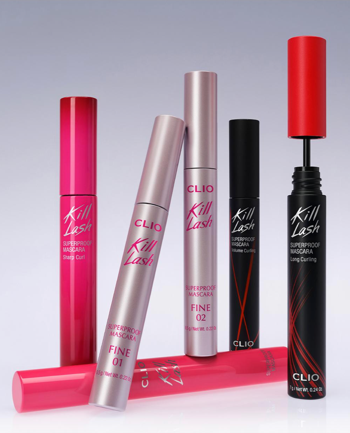 Set of CLIO Kill Lash mascara products on a gray background
