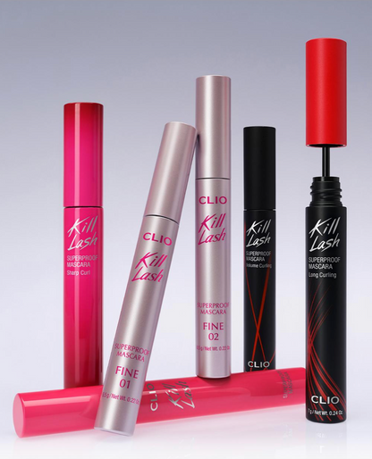 Set of CLIO Kill Lash mascara products on a gray background