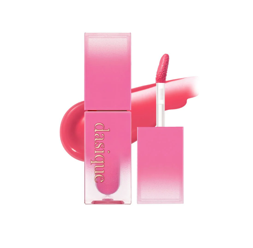 Pink lip gloss with applicator and 'dasique' branding on a white background
