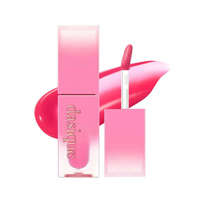Pink lip gloss set with applicator and packaging on a white background