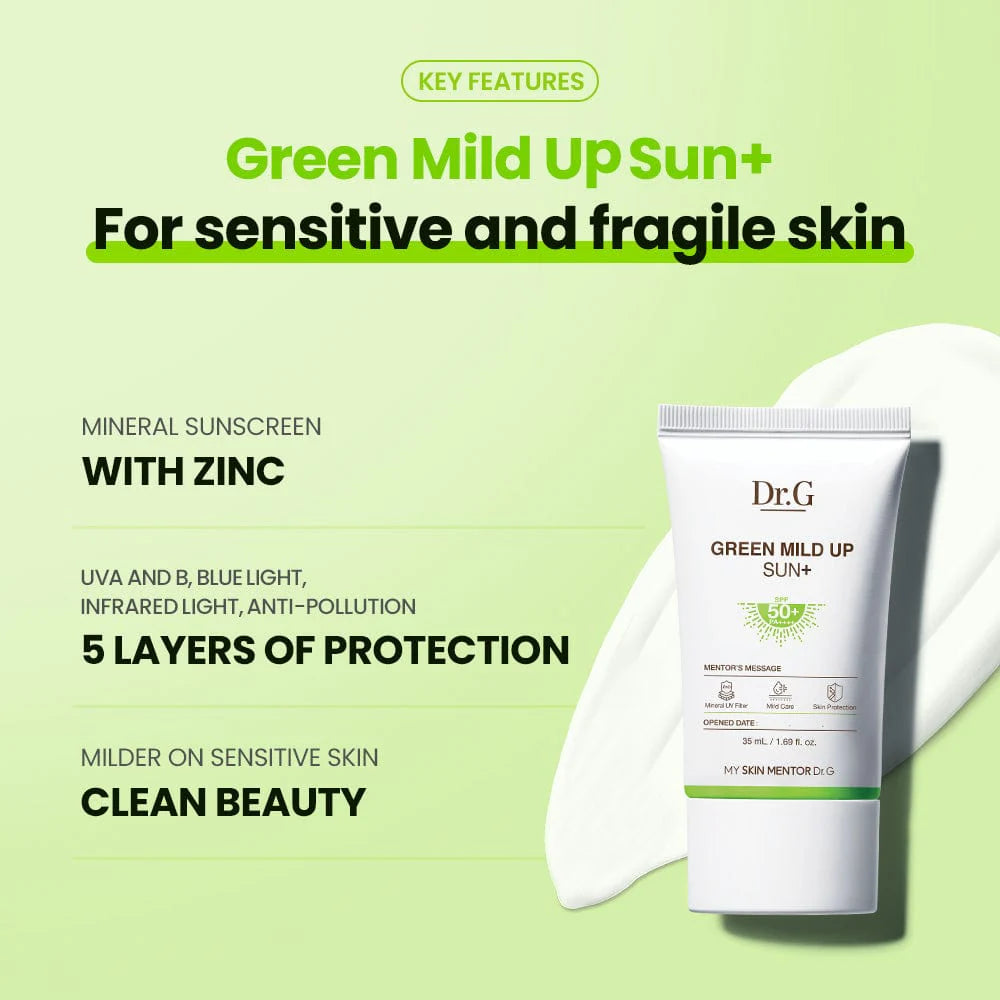Dr.G Green Mild Up Sun+ sunscreen packaging with key features on a green background
