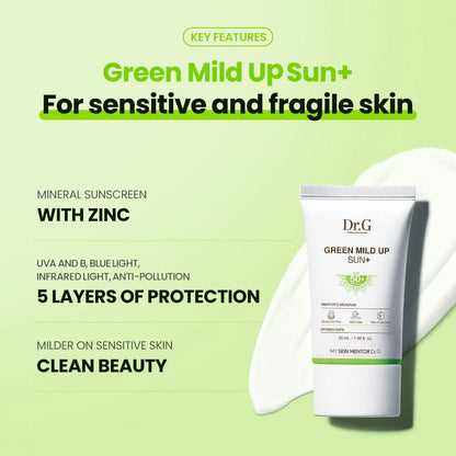 Dr.G Green Mild Up Sun+ sunscreen packaging with key features on a green background
