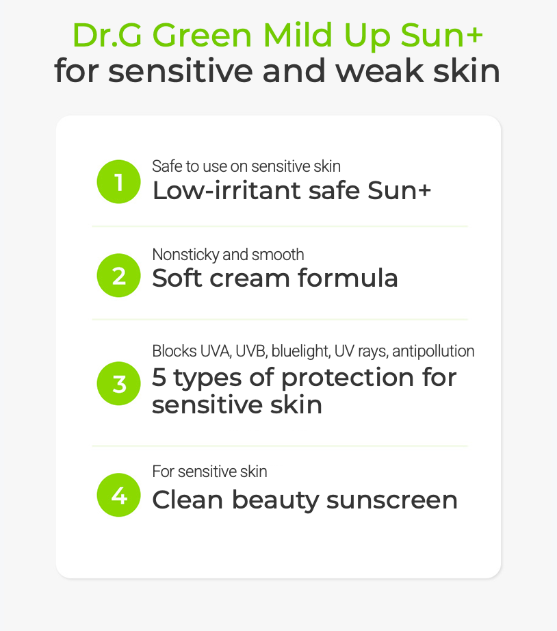 Dr.G Green Mild Up Sun+ sunscreen product description on a white background