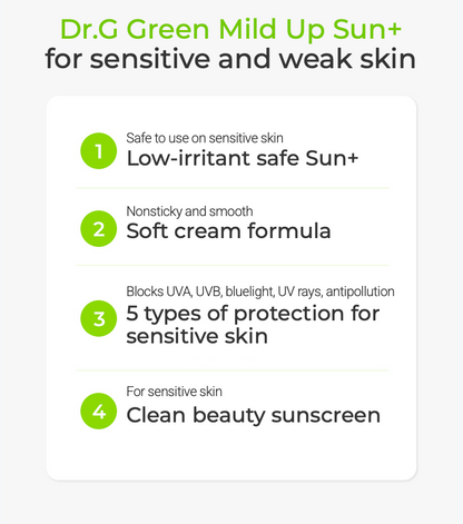 Dr.G Green Mild Up Sun+ sunscreen product description on a white background