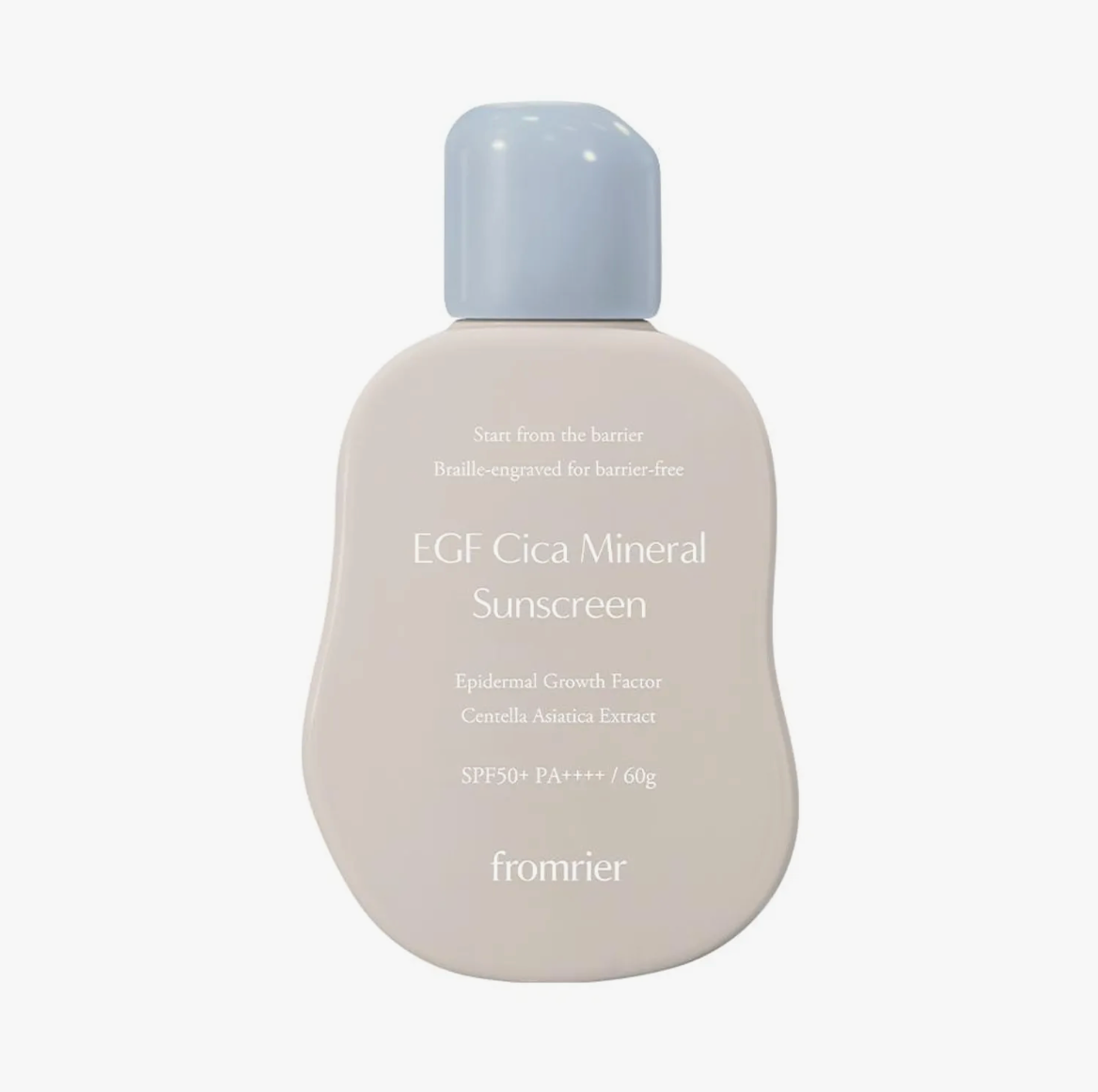 Bottle of EGF Cica Mineral Sunscreen with a light gray cap on a white background