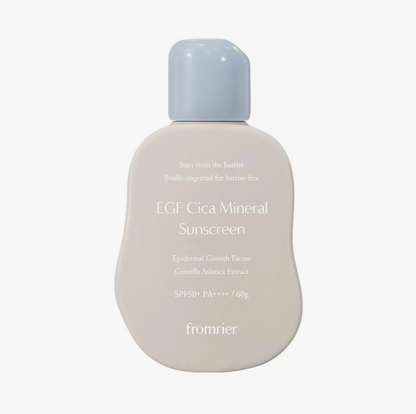 Bottle of EGF Cica Mineral Sunscreen with a light gray cap on a white background