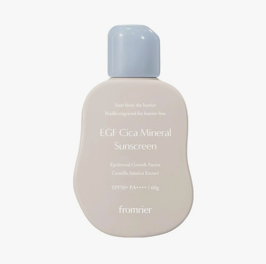 Bottle of EGF Cica Mineral Sunscreen with a light gray cap on a white background