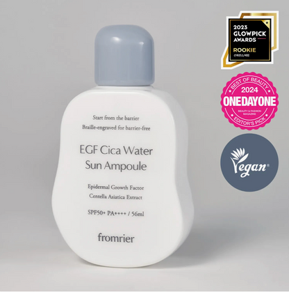 EGF Cica Water Sun Ampoule bottle with awards on a gray background