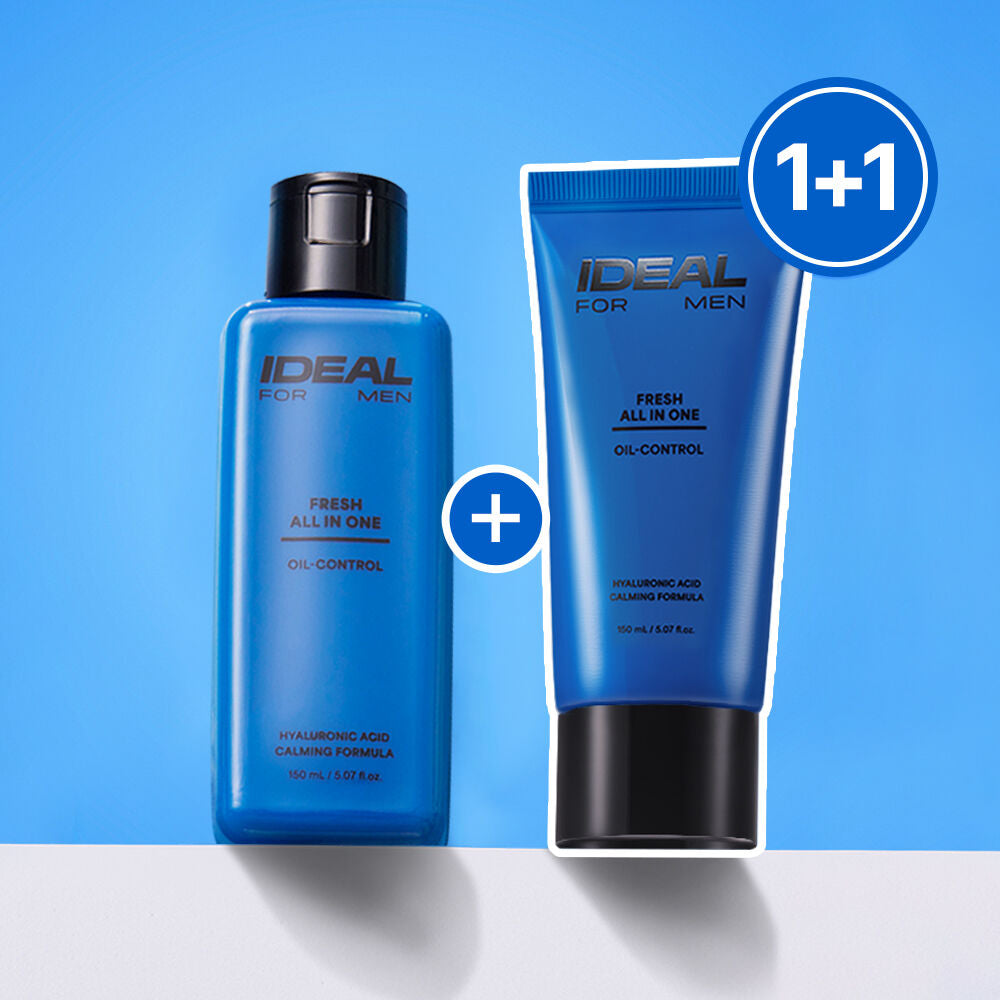 Two blue bottles of IDEAL FOR MEN Fresh All In One Oil Control product on a blue background
