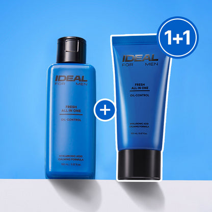 Two blue bottles of IDEAL FOR MEN Fresh All In One Oil Control product on a blue background