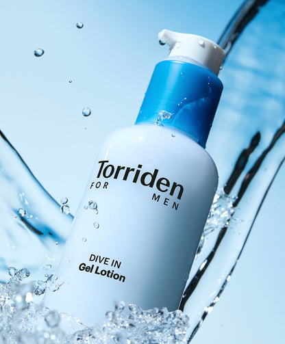 Torriden for Men gel lotion bottle with water droplets and blue background