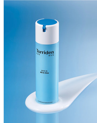 Blue skincare bottle with white cap on a blue background