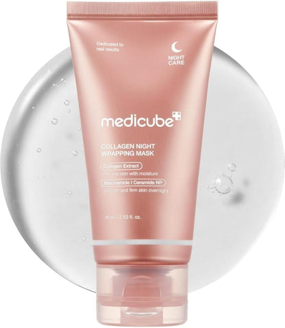 Pink tube of Medicube Collagen Night Wrapping Mask on a white background