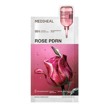 MEDIHEAL Rose PDRN skincare product packaging with a rose illustration on a white background