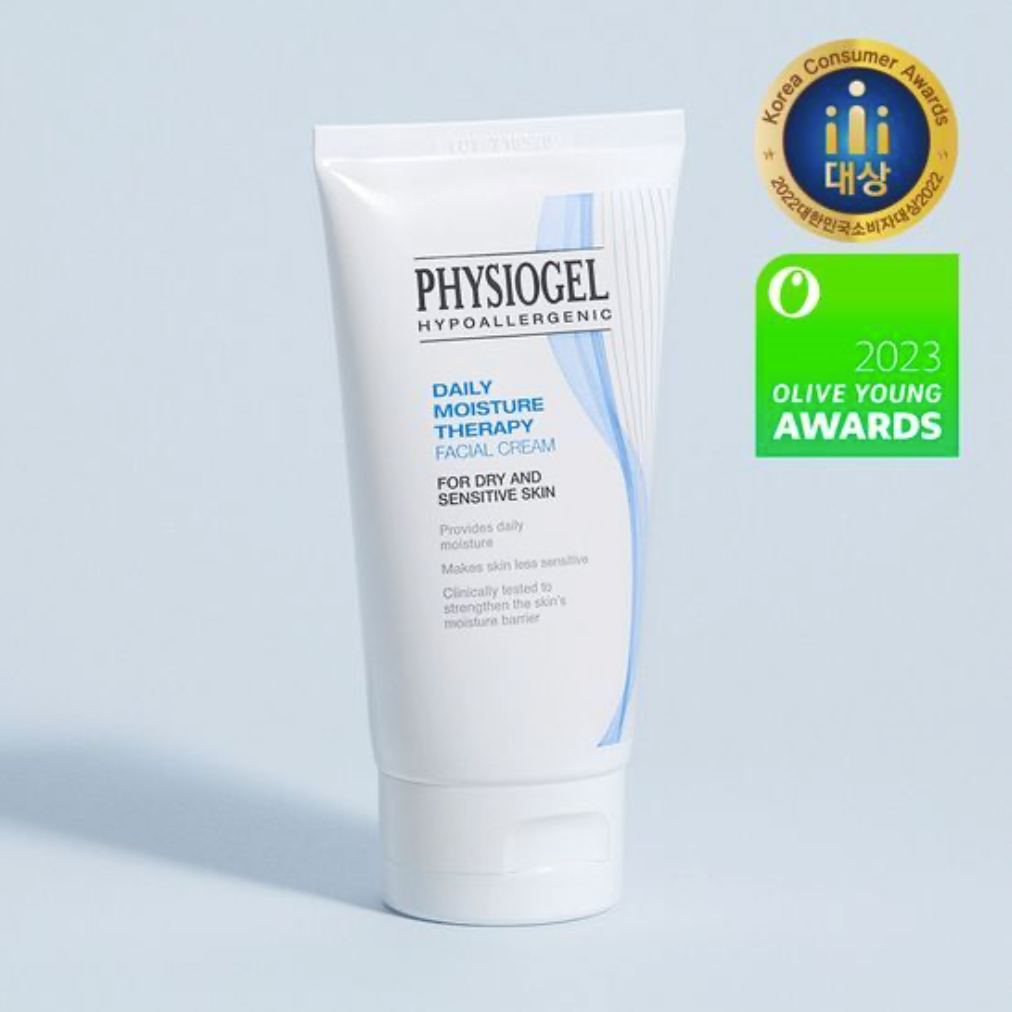Physiogel daily moisture therapy face cream with awards on a light blue background