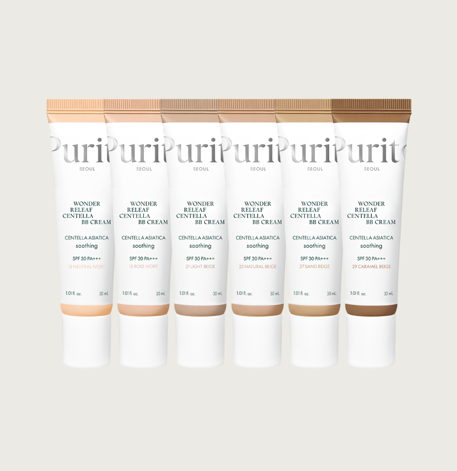 Six tubes of Purit Wonder Centella BB Cream on a white background