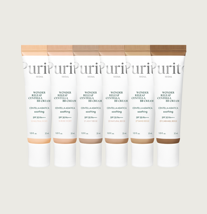 Six tubes of Purit Wonder Centella BB Cream on a white background