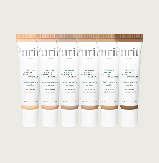 Six tubes of Purit Wonder Centella BB Cream on a white background