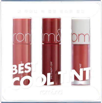 Three lip tint bottles in a clear packaging box with visible rom&nd branding.