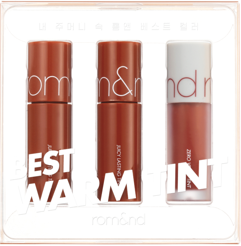 Three lip products in a set with visible Rom&nd branding on a white background