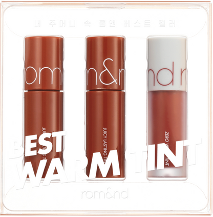 Three lip products in a set with visible Rom&nd branding on a white background