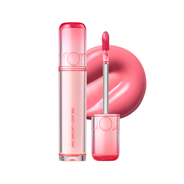 Pink lip tint with applicator on a white background