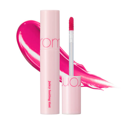 Pink lip tint with applicator and visible brand name on a white background