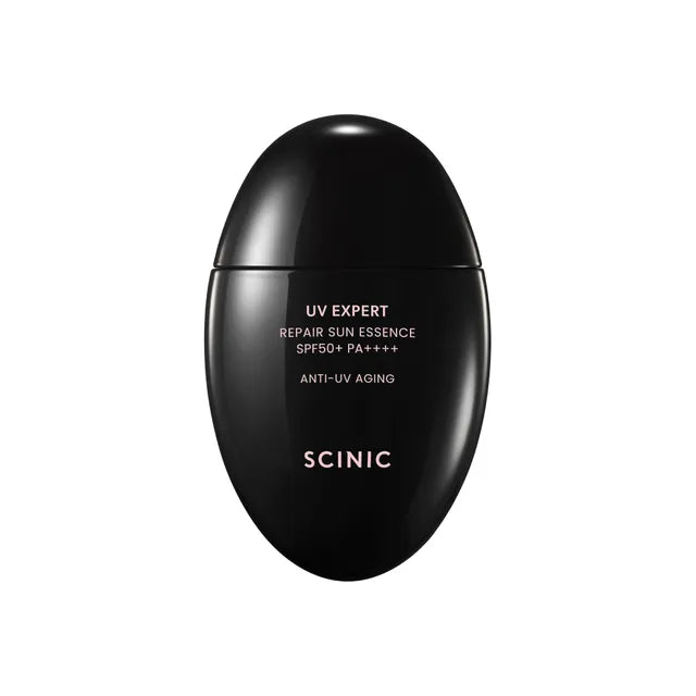 Black sunscreen bottle with 'Scinic' branding on a white background