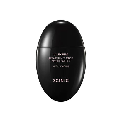 Black sunscreen bottle with 'Scinic' branding on a white background