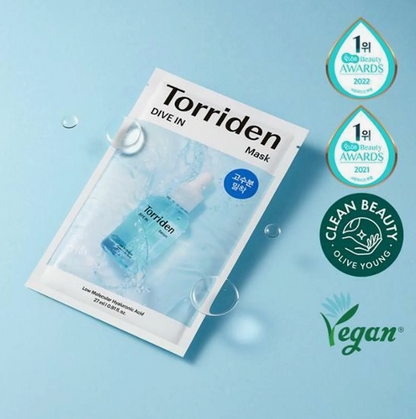 Torriden mask package with awards and certification logos on a light blue background