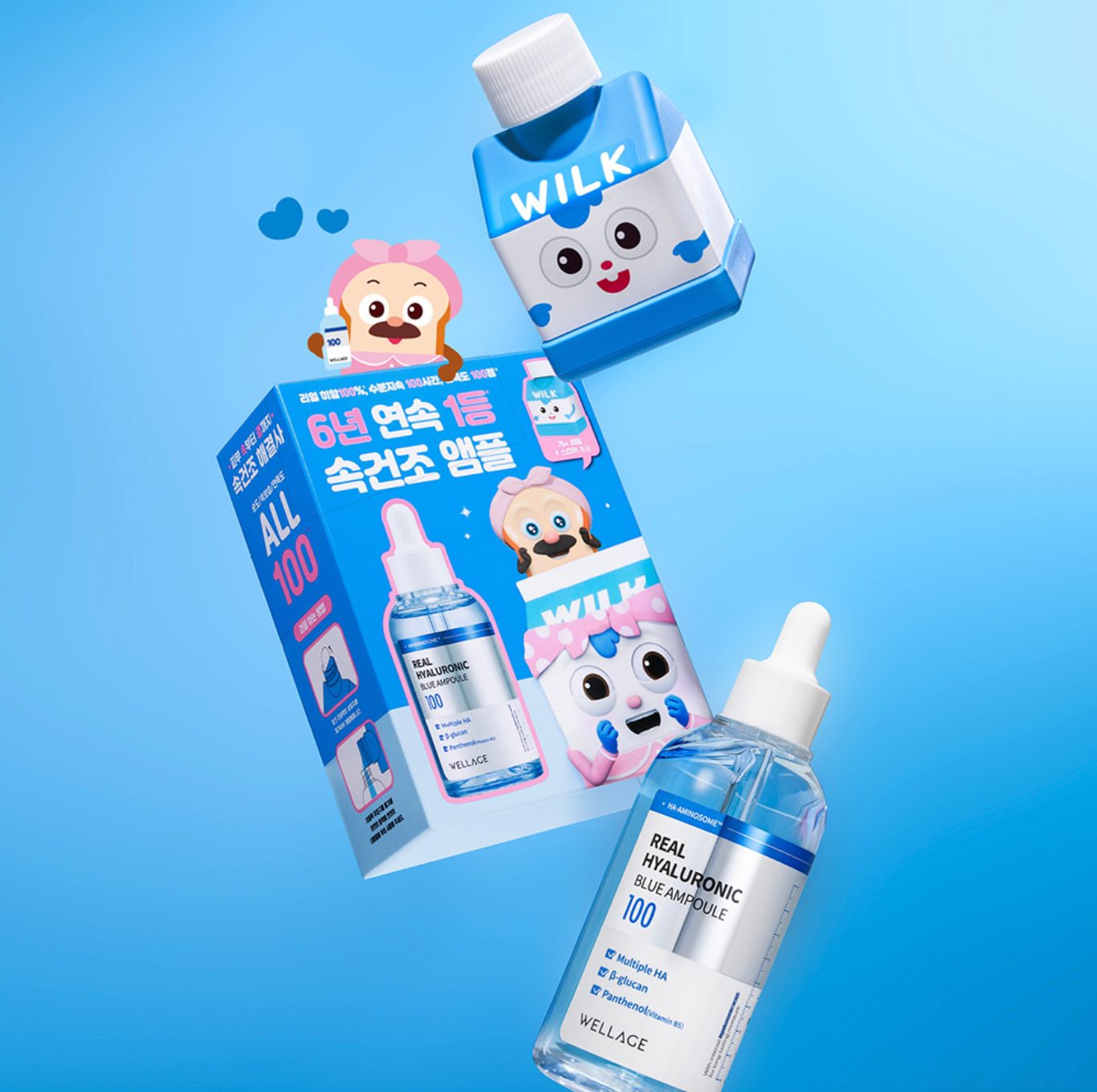 Wellage WILK skincare product with packaging on a blue background