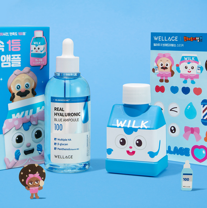 Wellage WILK skincare products with blue ampoules and packaging on a blue background