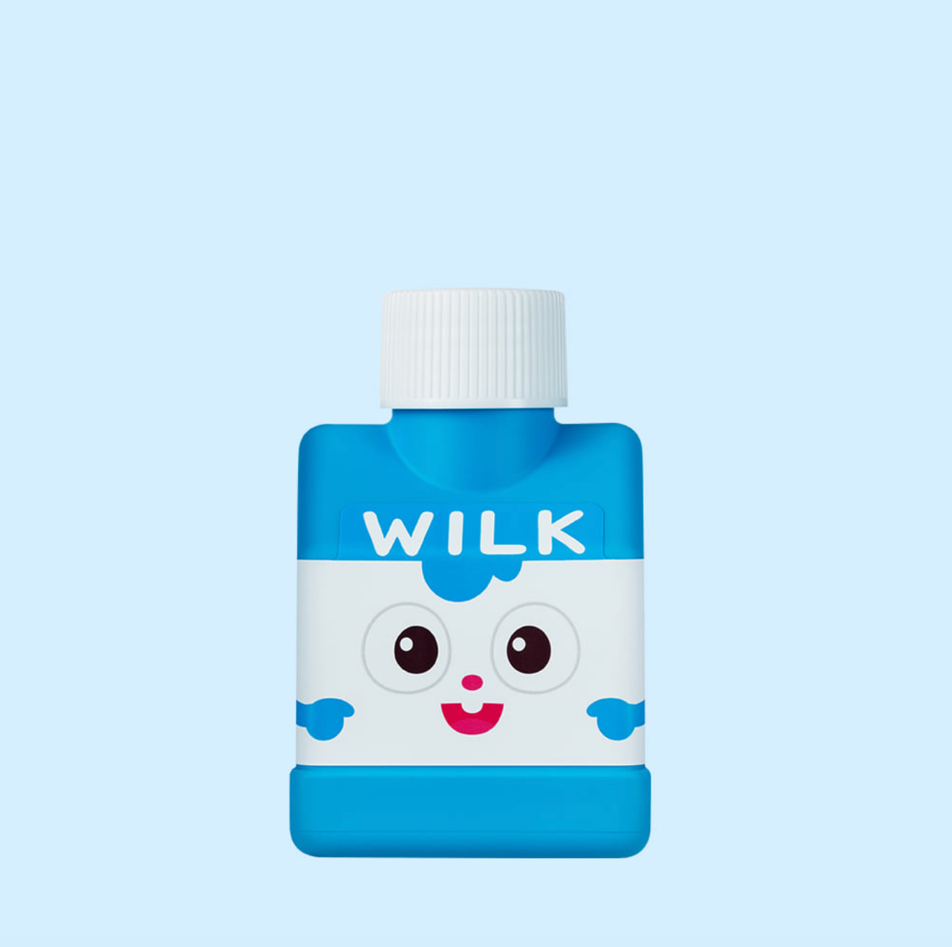 Wellage Blue bottle with a cartoon face and 'WILK' branding on a light blue background
